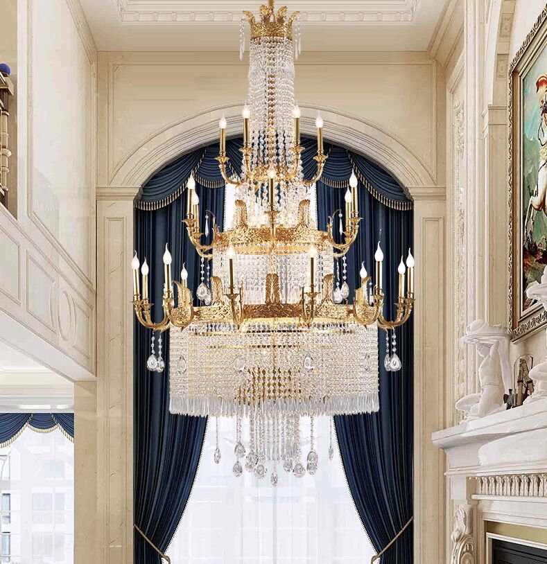 Stunning Oversized Luxury Golden Metal Candle Crystal Tassel Chandelier for High-Ceiling Staircase / entryway