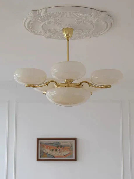 Mid-Century Scandinavian American Vintage White Opal Brass Chandelier for Living Room / bedroom