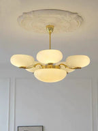 Mid-Century Scandinavian American Vintage White Opal Brass Chandelier for Living Room / bedroom