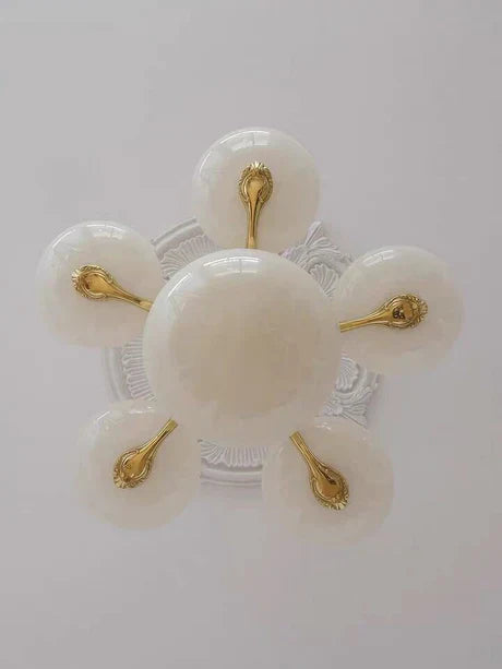 Mid-Century Scandinavian American Vintage White Opal Brass Chandelier for Living Room / bedroom