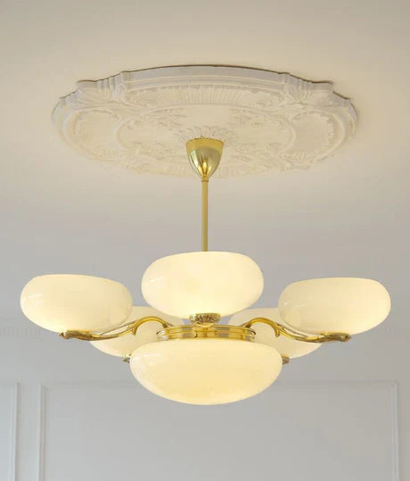 Mid-Century Scandinavian American Vintage White Opal Brass Chandelier for Living Room / bedroom
