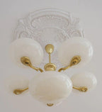 Mid-Century Scandinavian American Vintage White Opal Brass Chandelier for Living Room / bedroom