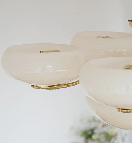 Mid-Century Scandinavian American Vintage White Opal Brass Chandelier for Living Room / bedroom