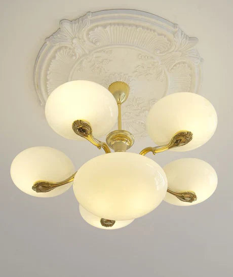Mid-Century Scandinavian American Vintage White Opal Brass Chandelier for Living Room / bedroom