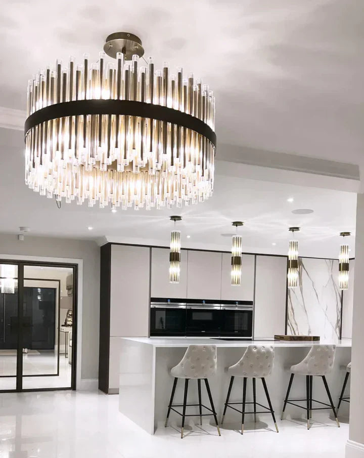 Modern Antique Brass Finish Round & Rectangle Glass Tube Chandelier – High-Quality Materials