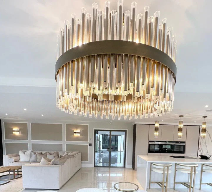 Modern Antique Brass Finish Round & Rectangle Glass Tube Chandelier – High-Quality Materials