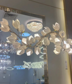 Luxury Ceramic Magnolia Ginkgo Chandelier with Crystal and Brass Finish for Bedroom Living Room Dining Room