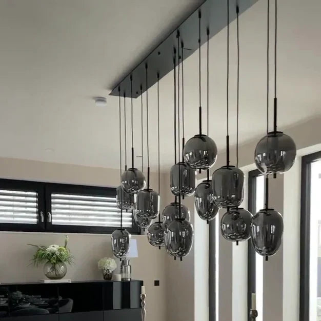Modern Rectangular Smoky Gray Glass and Metal Chandelier for Dining Room & Kitchen Island