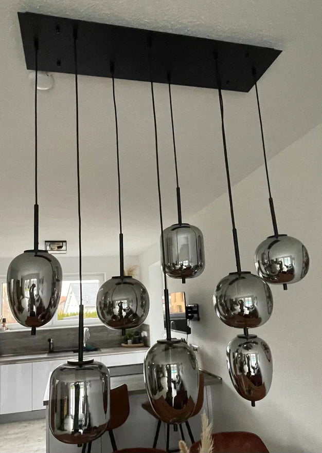 Modern Rectangular Smoky Gray Glass and Metal Chandelier for Dining Room & Kitchen Island
