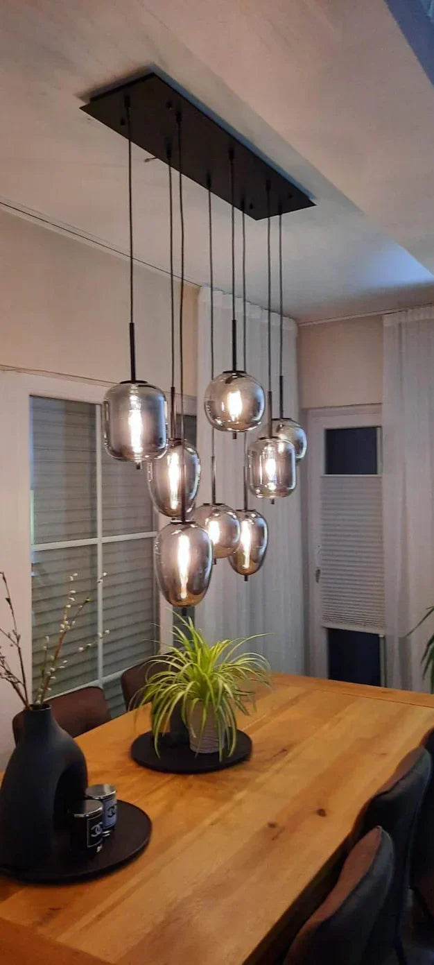 Modern Rectangular Smoky Gray Glass and Metal Chandelier for Dining Room & Kitchen Island