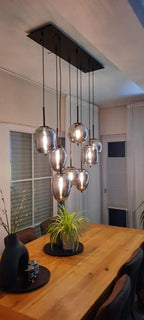 Modern Rectangular Smoky Gray Glass and Metal Chandelier for Dining Room & Kitchen Island
