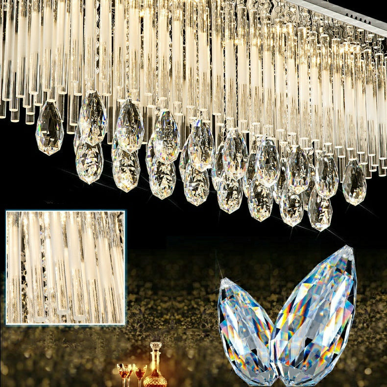 Rectangle Kitchen Island Crystal Drops Chandelier Ceiling Pendant Light for Long Dining Table