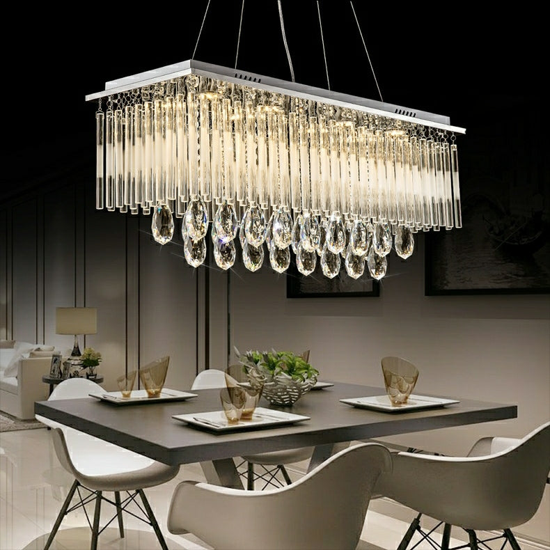 Rectangle Kitchen Island Crystal Drops Chandelier Ceiling Pendant Light for Long Dining Table