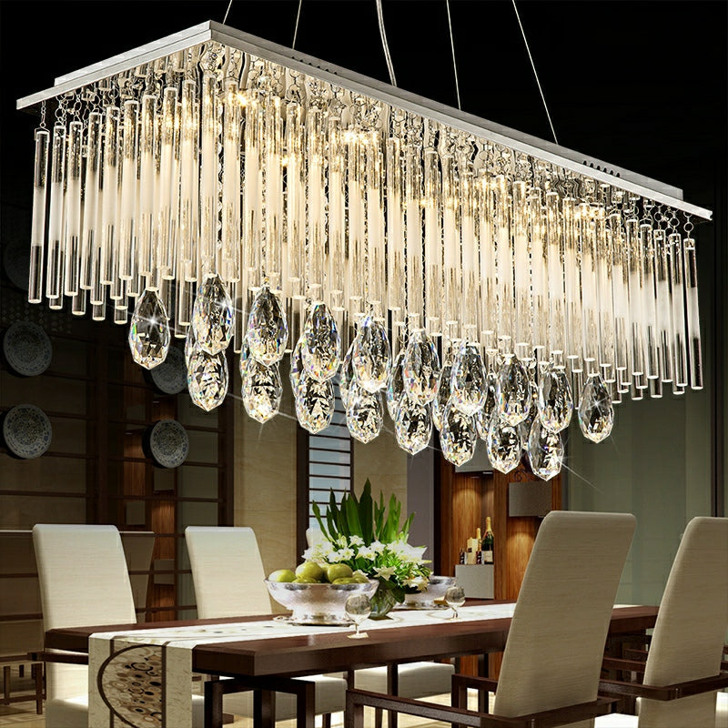 Rectangle Kitchen Island Crystal Drops Chandelier Ceiling Pendant Light for Long Dining Table