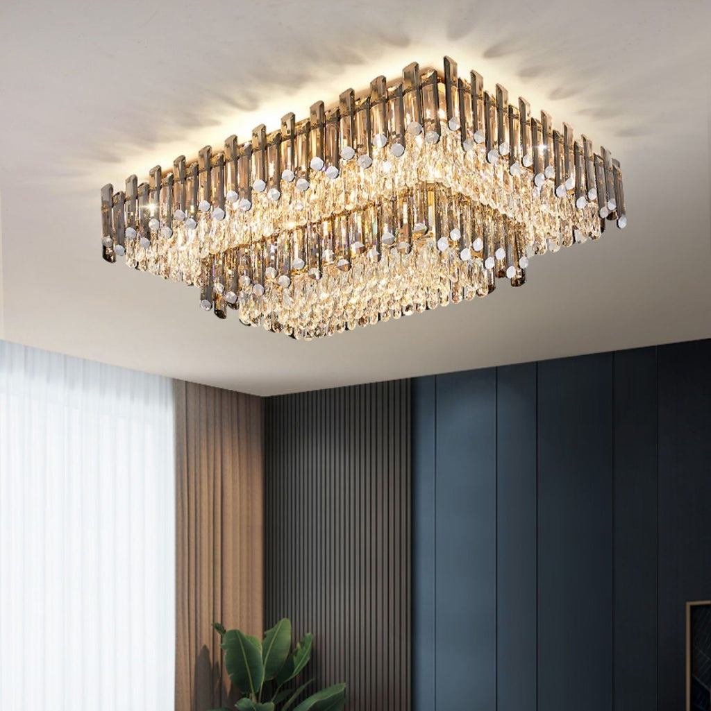 Rectangle Flush Mounted Living Room Chandelier Crystal Ceiling Light for Long Dining Table