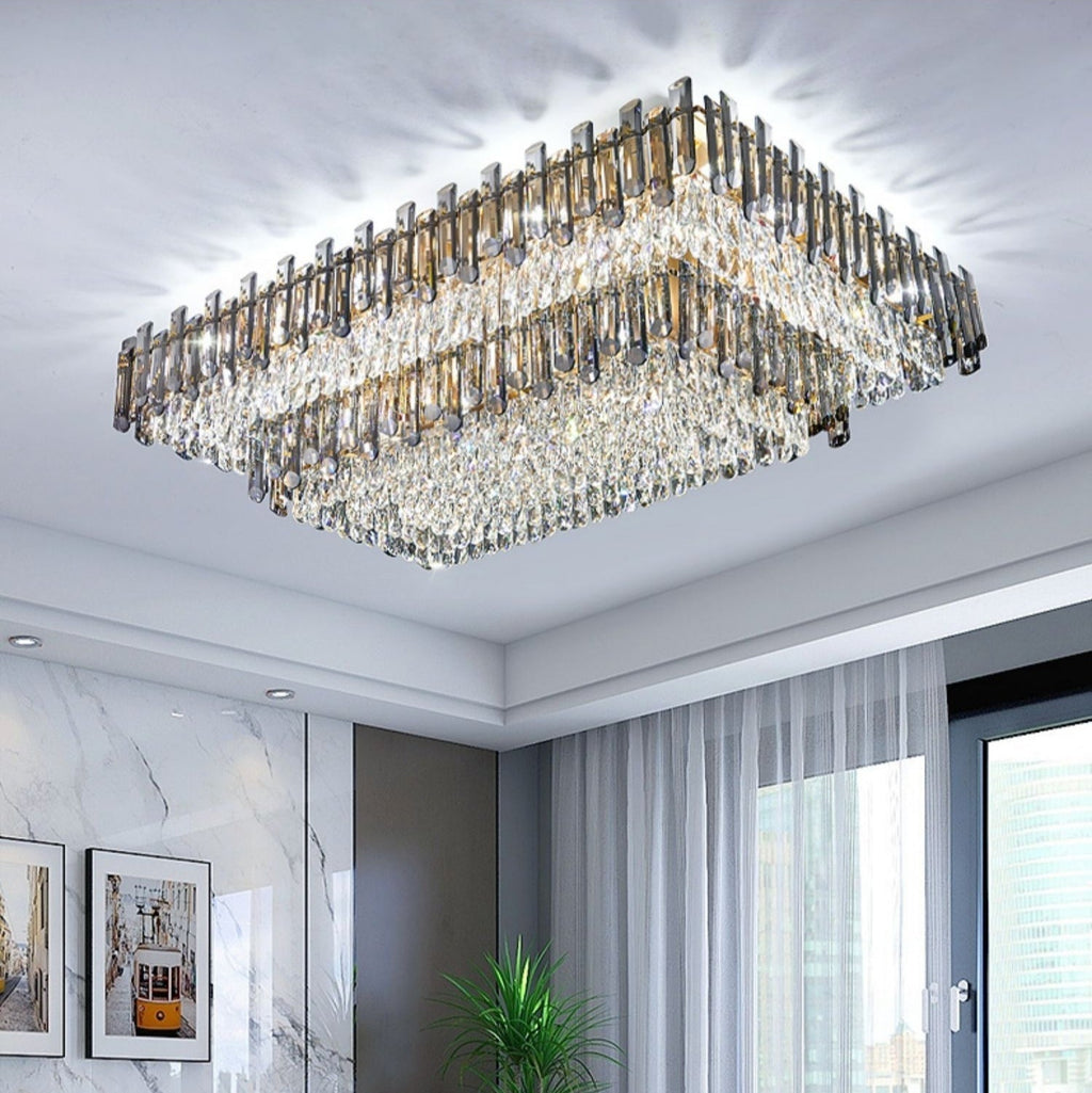 Rectangle Flush Mounted Living Room Chandelier Crystal Ceiling Light for Long Dining Table