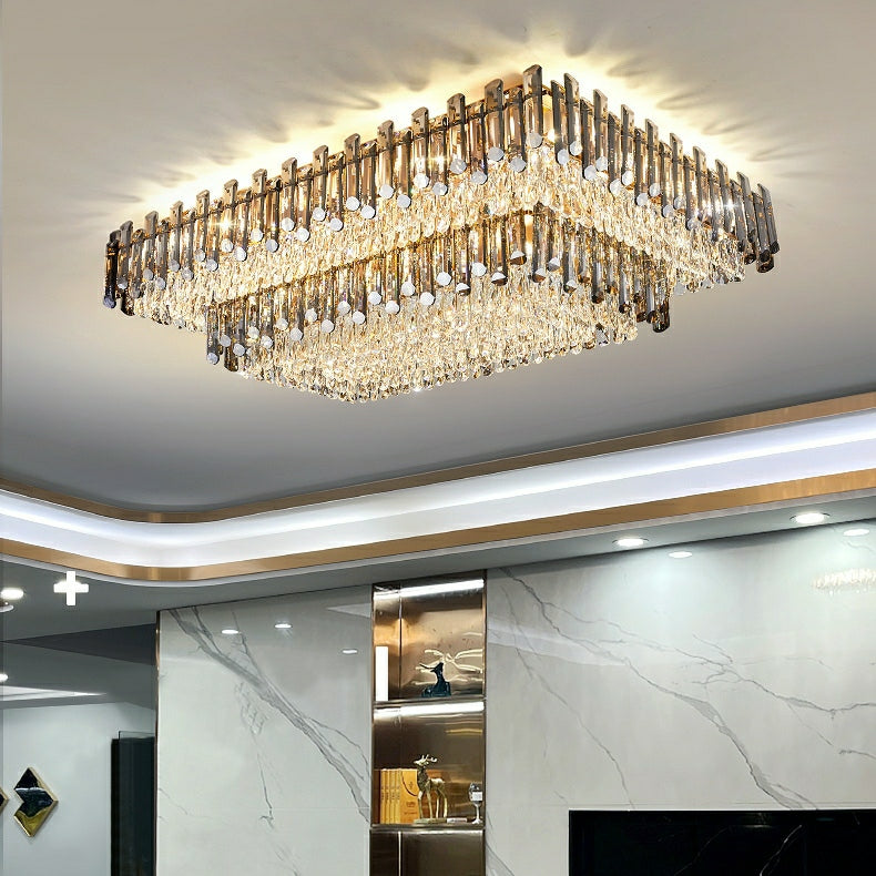 Rectangle Flush Mounted Living Room Chandelier Crystal Ceiling Light for Long Dining Table