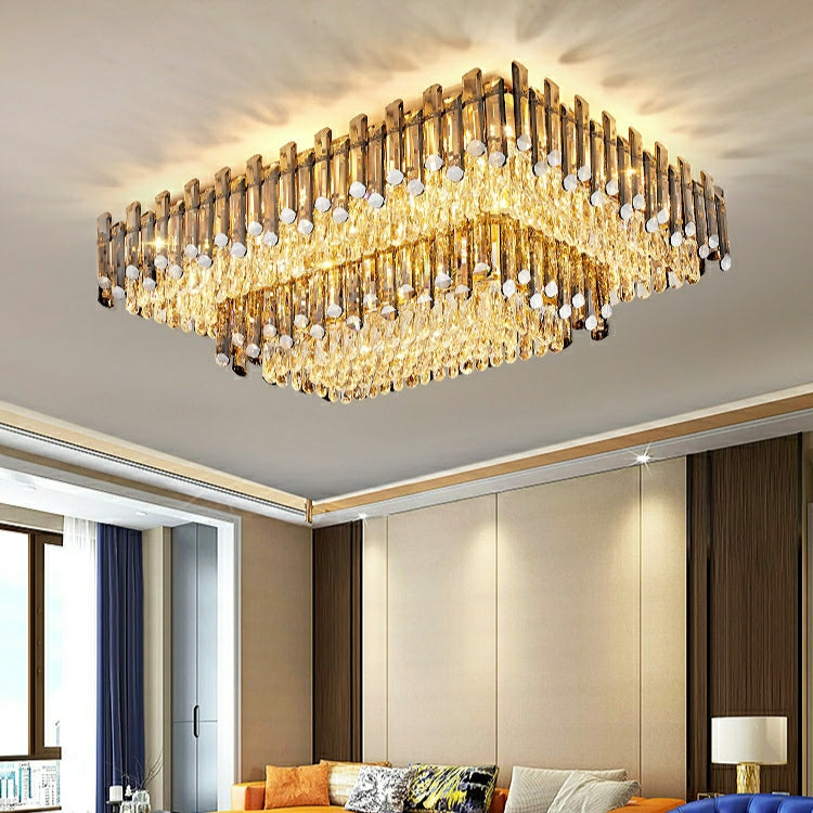 Rectangle Flush Mounted Living Room Chandelier Crystal Ceiling Light for Long Dining Table