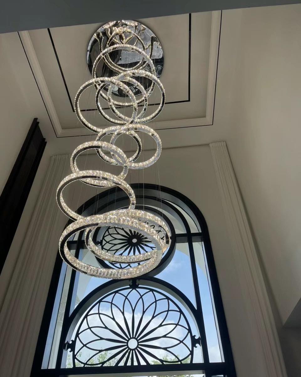 Modern Round Layered Crystal Chandelier with K9 Crystals and Stainless Steel Finish for High Ceiling