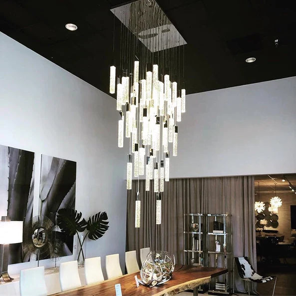 Modern Crystal Stick Chandelier with Glacier Bubble Design in Gold, Chrome, and Black Finish - High-Quality