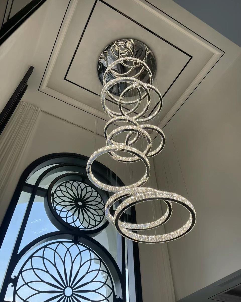 Modern Round Layered Crystal Chandelier with K9 Crystals and Stainless Steel Finish for High Ceiling