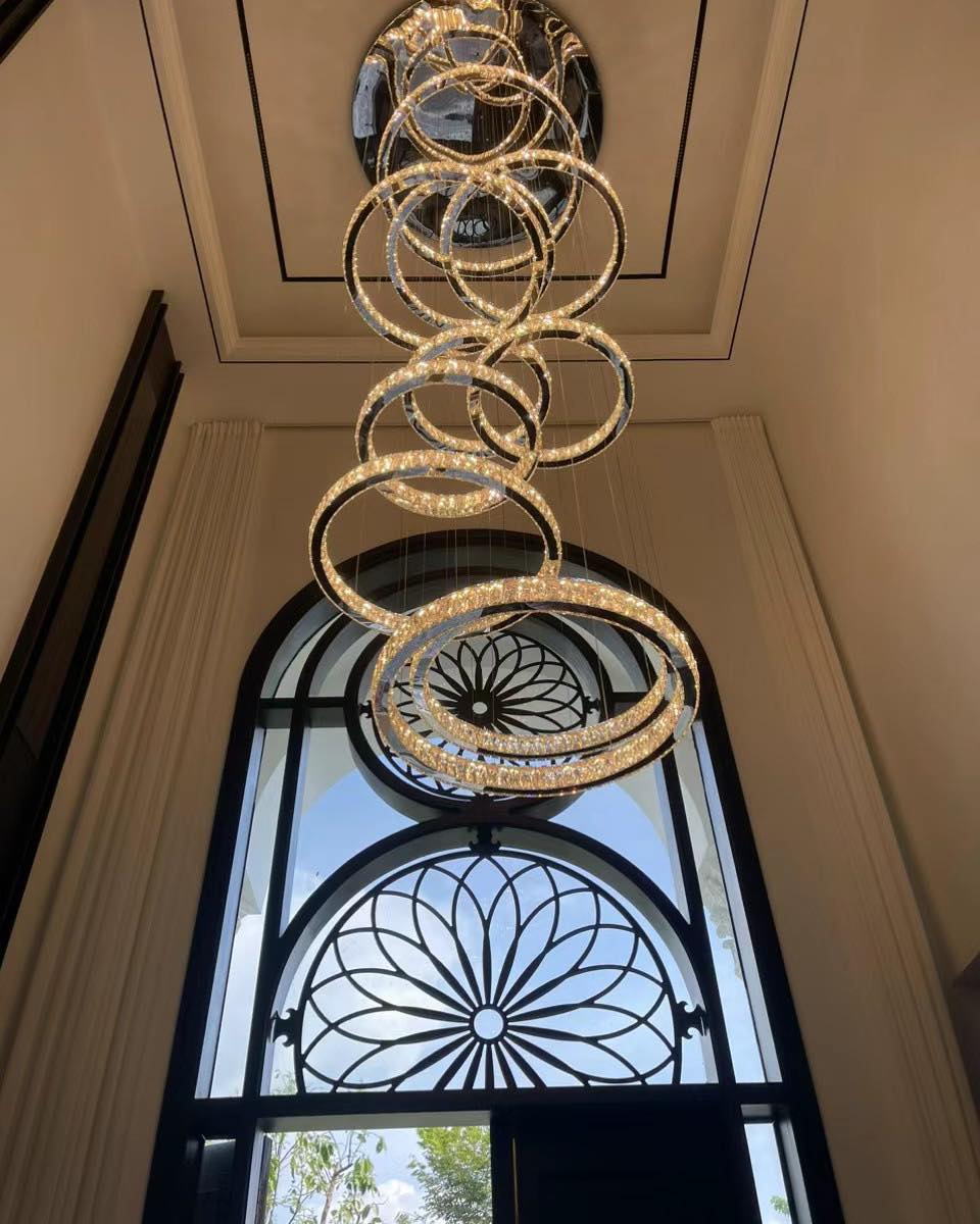 Modern Round Layered Crystal Chandelier with K9 Crystals and Stainless Steel Finish for High Ceiling
