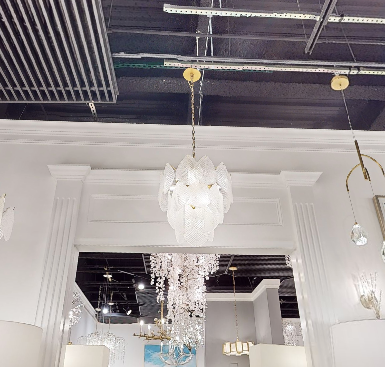 Antique Gold Frosted Glass Nine-Light Chandelier with Cascading Petal Design