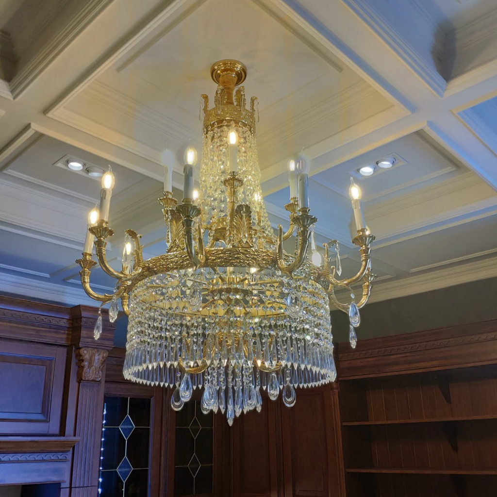 Stunning Oversized Luxury Golden Metal Candle Crystal Tassel Chandelier for High-Ceiling Staircase / entryway