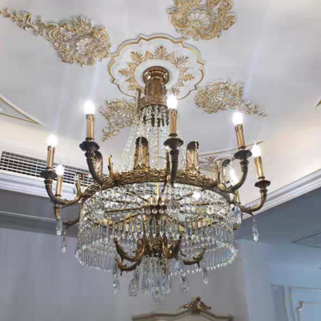 Stunning Oversized Luxury Golden Metal Candle Crystal Tassel Chandelier for High-Ceiling Staircase / entryway