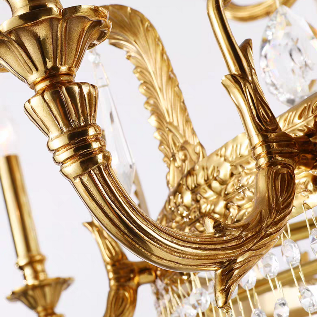 Stunning Oversized Luxury Golden Metal Candle Crystal Tassel Chandelier for High-Ceiling Staircase / entryway