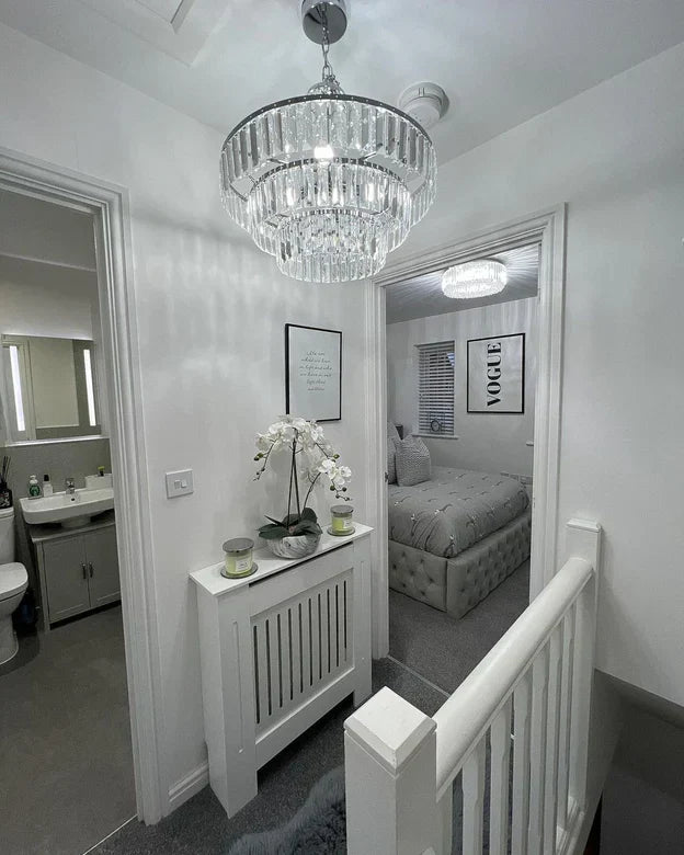 Round Tiered Crystal Chandelier with Metal Finish for Living Room and Bedroom