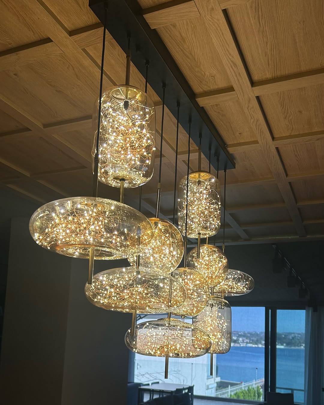 Modern Starry Smoky Gray / amber Glass Shade Chandelier with Rectangular Canopy