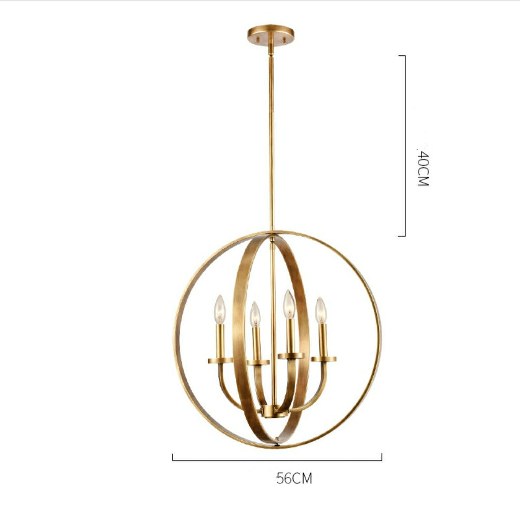 Solid 4-Light Satin Brass 22-Inch Globe Ceiling Lighting Rustic Candle Shaped Round Chandelier for Living /
