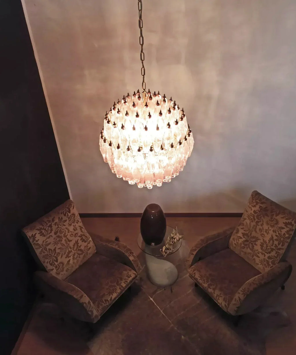 Spherical Murano Poliedri Pink Glass Chandelier