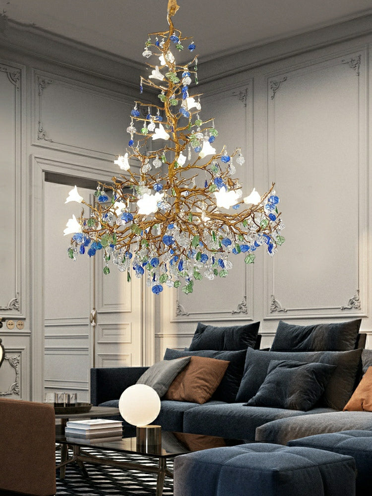 Mila Colored Flower Crystal Chandelier Brass Branch Chandelier