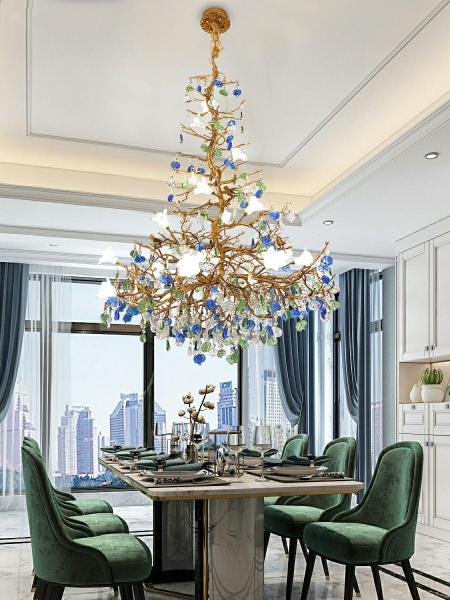 Mila Colored Flower Crystal Chandelier Brass Branch Chandelier