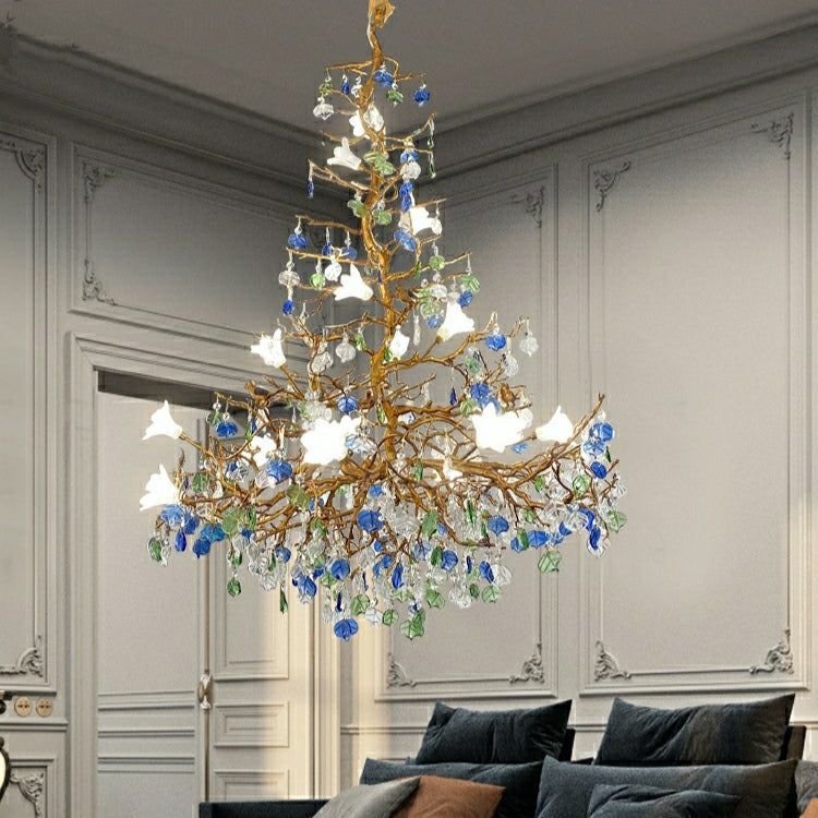 Mila Colored Flower Crystal Chandelier Brass Branch Chandelier