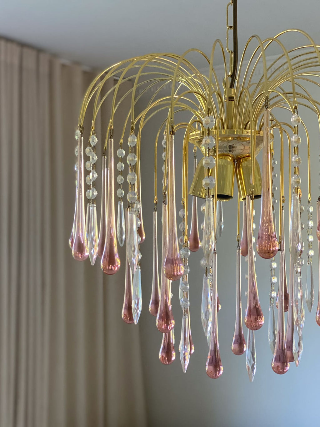 Vintage – Murano Glass Teardrops Chandelier – 70s – Pink Prisms