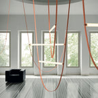 Designer U-Shaped LED Chandelier with Glass Tube, Leather Cable & Satin Stainless Steel Finish