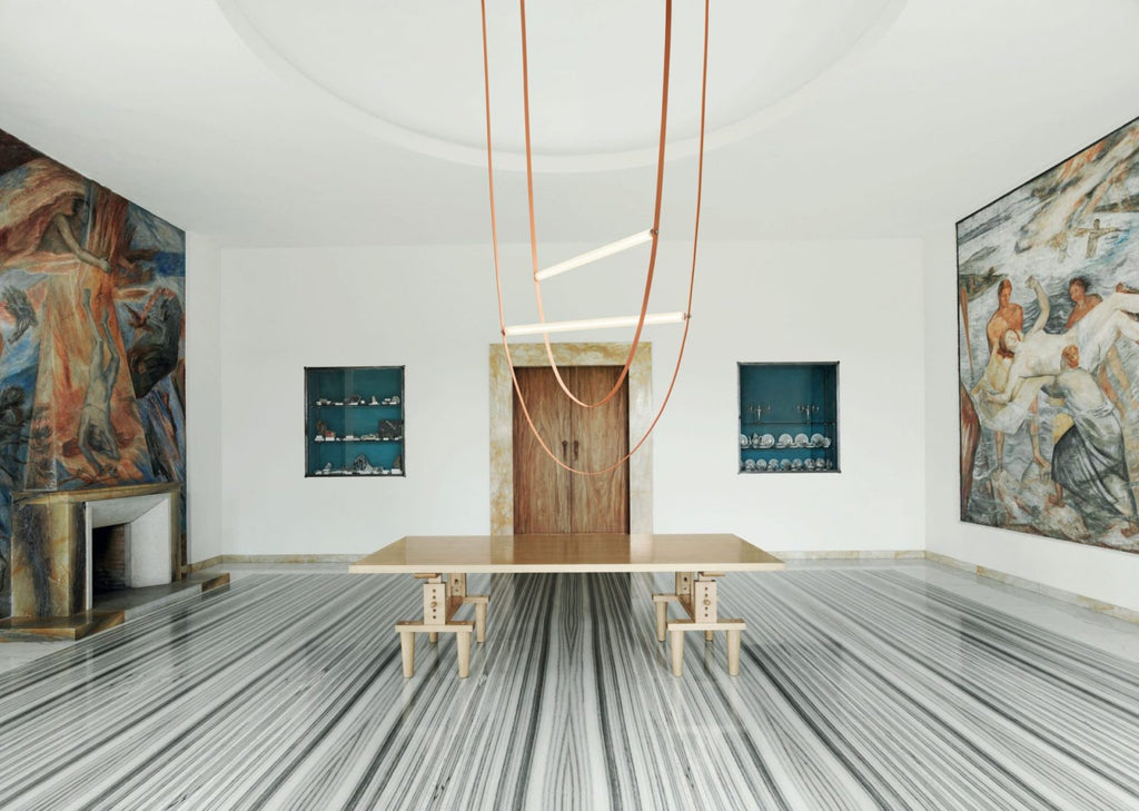 Designer U-Shaped LED Chandelier with Glass Tube, Leather Cable & Satin Stainless Steel Finish