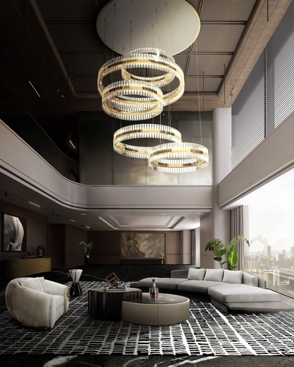 Gold Finish 5-Ring Crystal Chandelier with Metal and Glass Materials