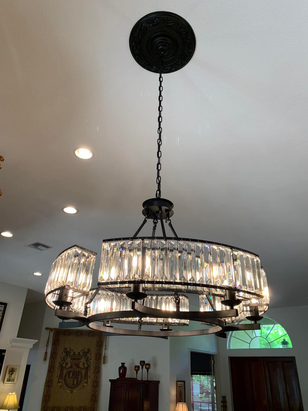 Crystal and Metal Triangular Prism Ceiling Chandelier 6 / 8 / 10 / 12-Light Modern Finish