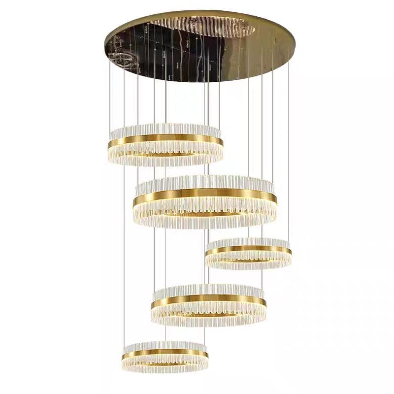 Gold Finish 5-Ring Crystal Chandelier with Metal and Glass Materials