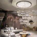 Gold Finish 5-Ring Crystal Chandelier with Metal and Glass Materials