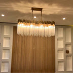 Modern Rectangular Glass and Metal Chandelier with Clear Glass Rods for Dining Room
