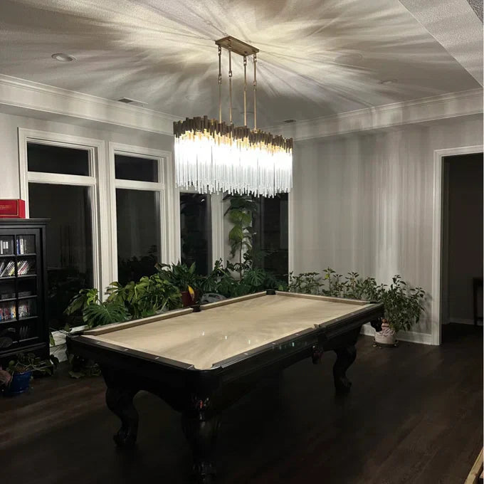 Modern Rectangular Glass and Metal Chandelier with Clear Glass Rods for Dining Room