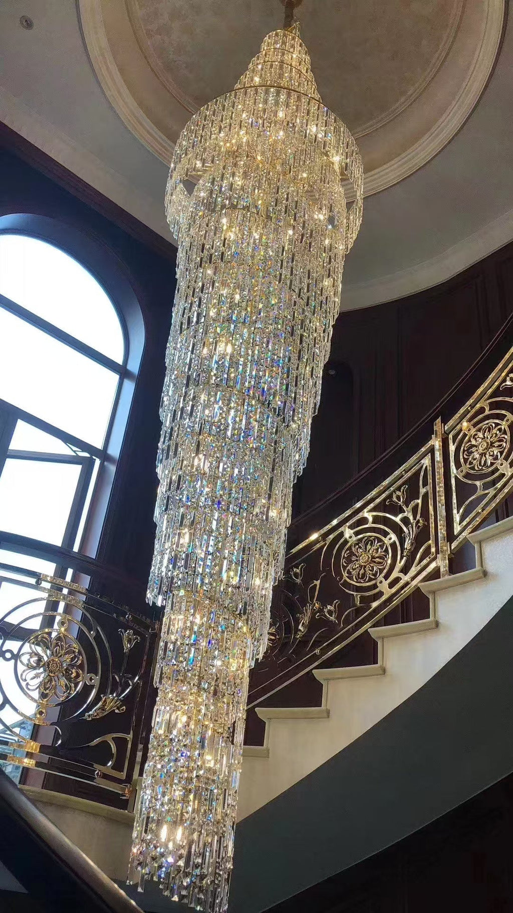 Luxury Spiral Crystal and Metal Chandelier for High-Ceiling Foyer and Staircase