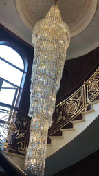 Luxury Spiral Crystal and Metal Chandelier for High-Ceiling Foyer and Staircase