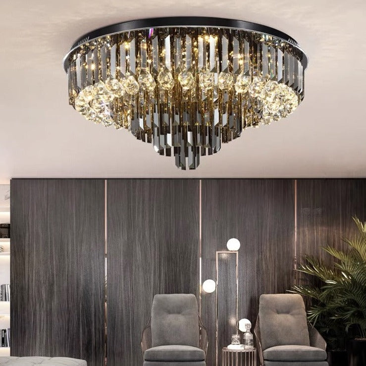 Smoke Gray Crystal Round Flush Mount Chandelier Light Luxury Finish