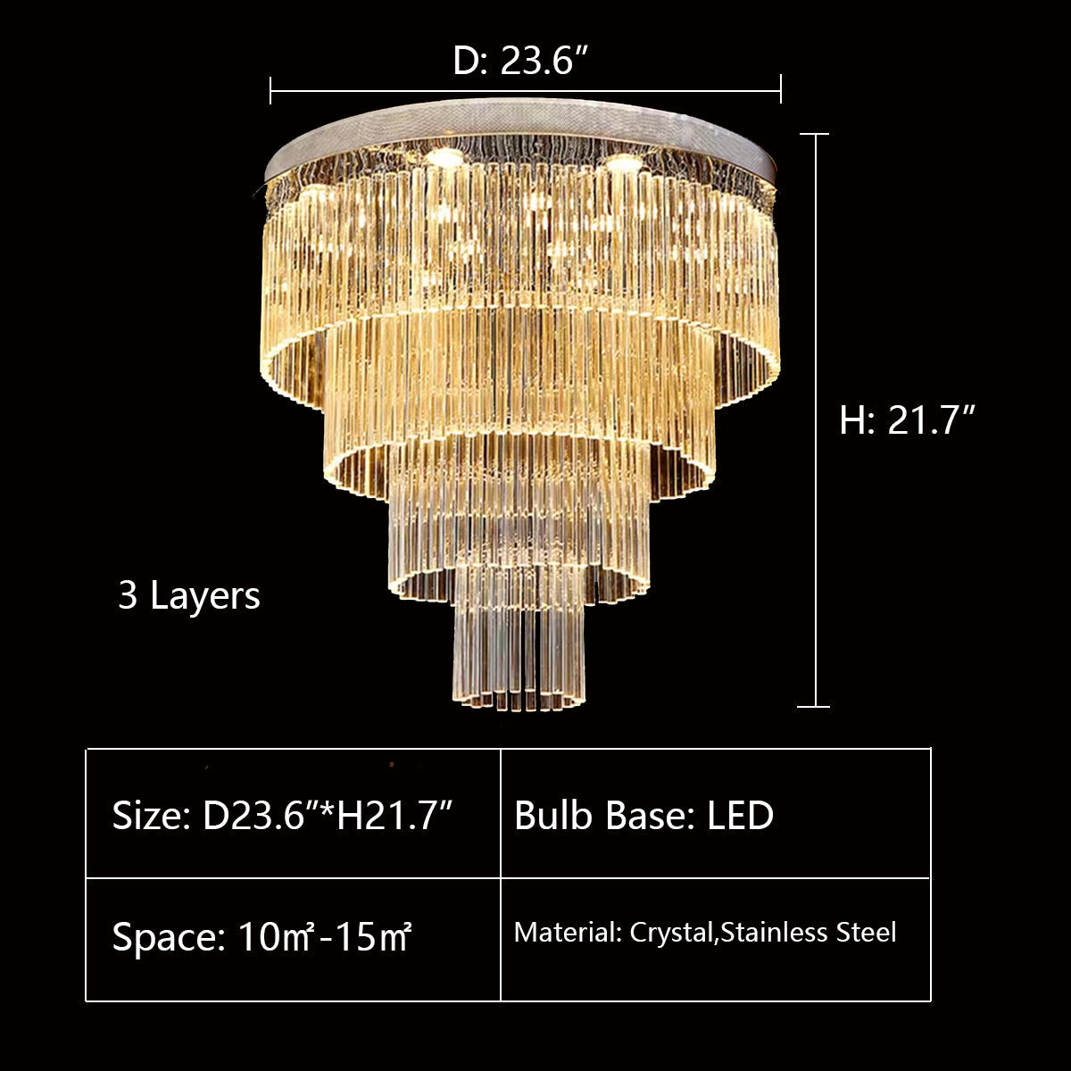 Extra Large Multi-Tier Round Flush Mount Light Crystal Rod Chandelier for Living Room / foyer